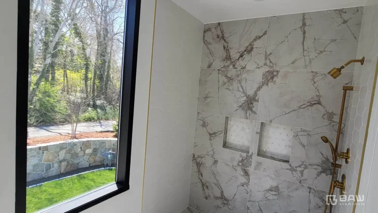 Detail of the shower area in a newly renovated bathroom